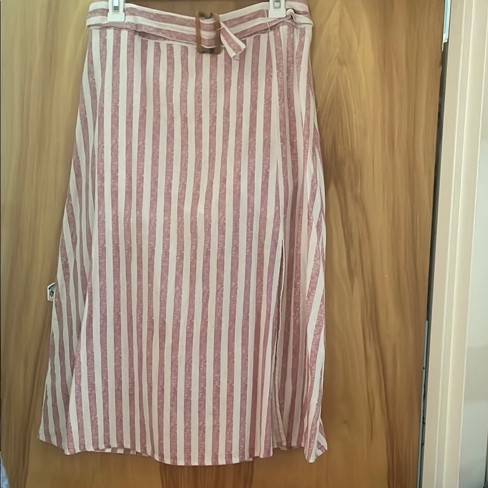 JustFab Pink and White A-Line Midi Skirt with Tie Front